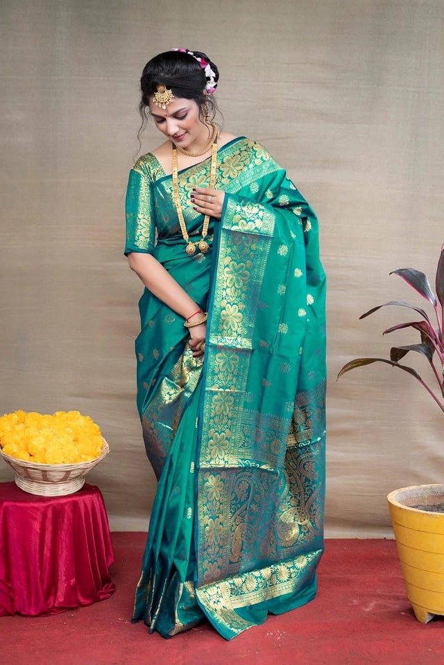 Banarasi Silk Woven Design Saree for Women (Teal, 6.3 m) - OSAK ENTERPRISES