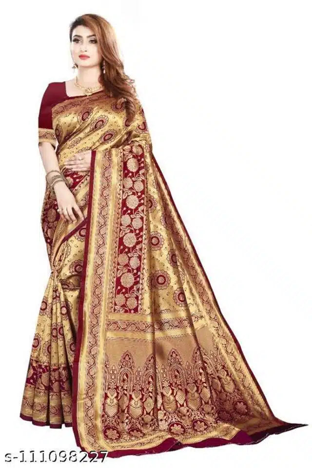Banarasi Silk Saree With Blouse For Women - Golden & Dark Red