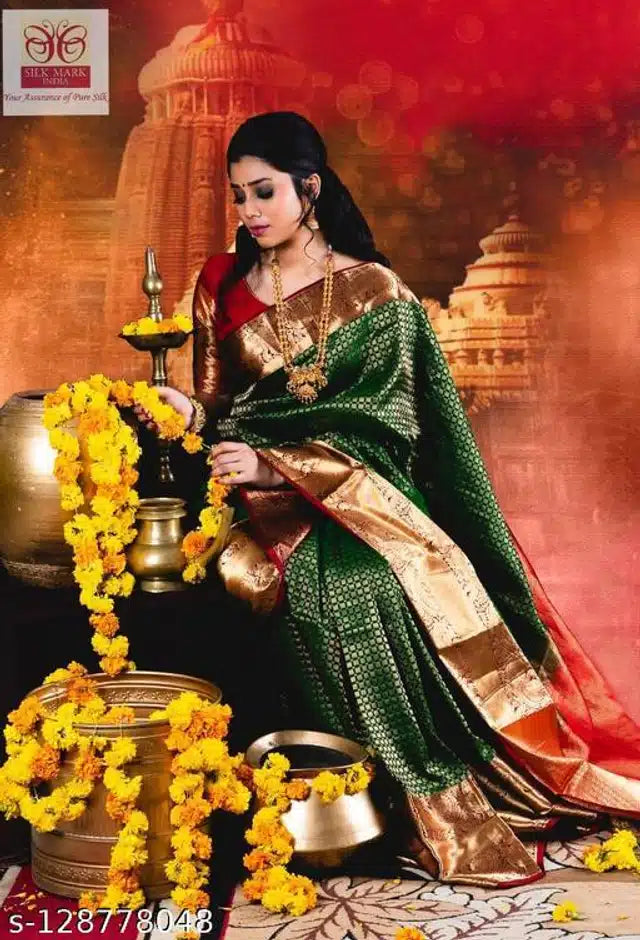 Jacquard Saree With Blouse For Women - Classic Green
