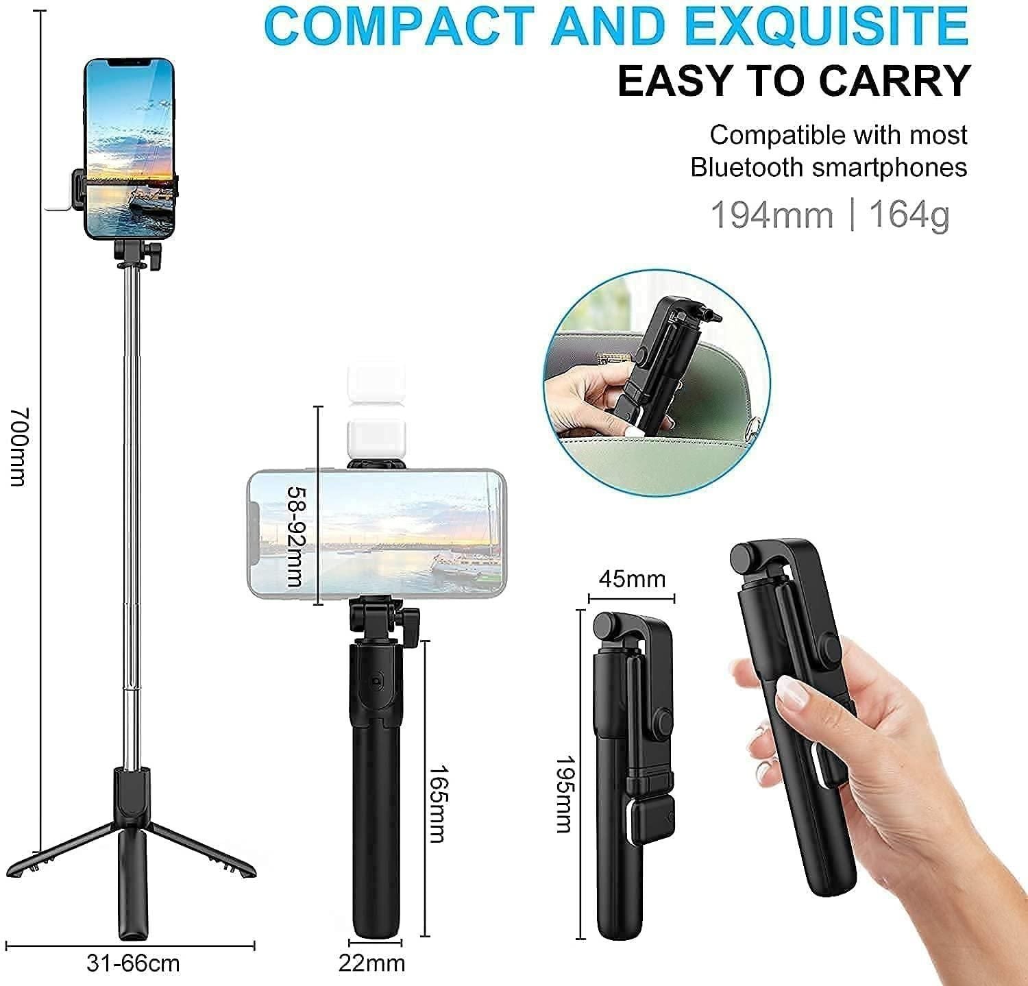 Extendable Flash 3 - in - 1 Selfie Stick Tripod with Bluetooth Remote - OSAK ENTERPRISES