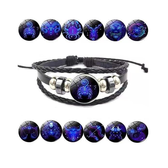 Zodiac Constellation Braided Design Black Leather Bracelet Adjustable - OSAK ENTERPRISES